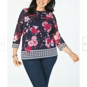 Charter Club Floral Mesh Border-Print Top 1X